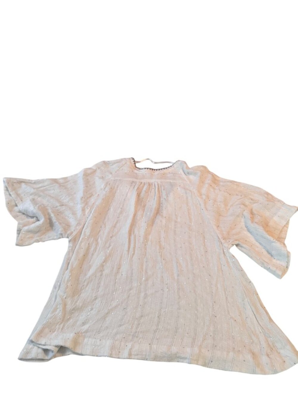 Free People Top Size L White Textured Glittery Top W/ Crochet Trim Bell Sleeves - Picture 4 of 9
